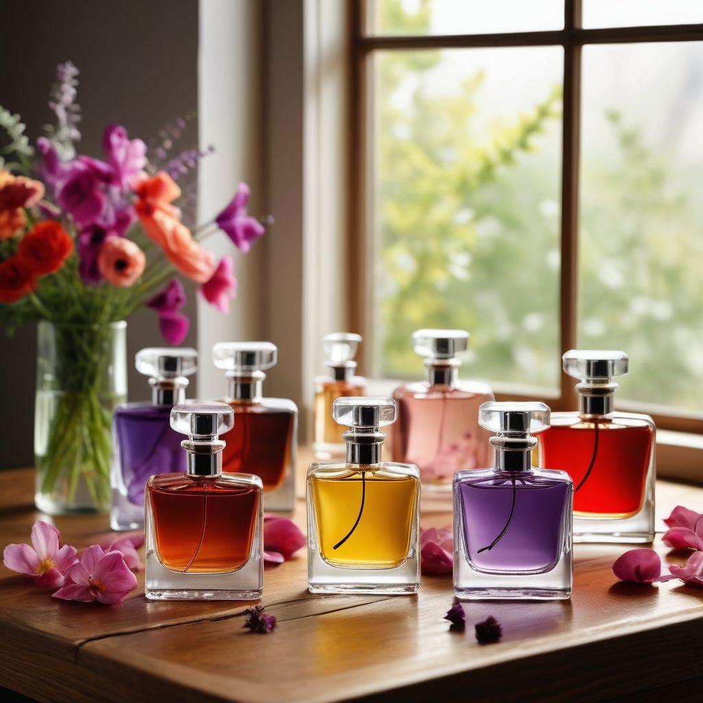 A serene and elegant display featuring a variety of beautifully designed perfume bottles artfully arranged on a wooden table, surrounded by colorful petals and aromatic herbs. Soft sunlight filtering through a window creates a warm ambiance, highlighting the intricate details of the bottles. In the background, abstract shapes representing fragrance notes blend harmoniously, enhancing the sense of aromatic experience. super-realistic. vibrant colors. natural light.