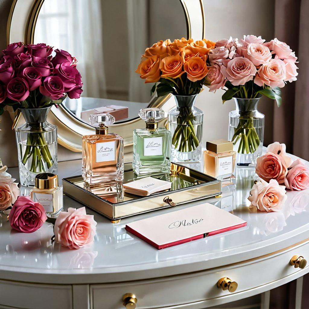 A luxurious vanity table adorned with elegant perfume bottles of various shapes and sizes, each radiating enchanting colors, alongside delicate floral arrangements and shimmering crystals. Soft, ethereal light illuminates the scene, enhancing the allure of fragrance layering. Include a beautiful, open leather-bound notebook with handwritten notes on fragrance tips. Elegant, sophisticated style. super-realistic. vibrant colors.