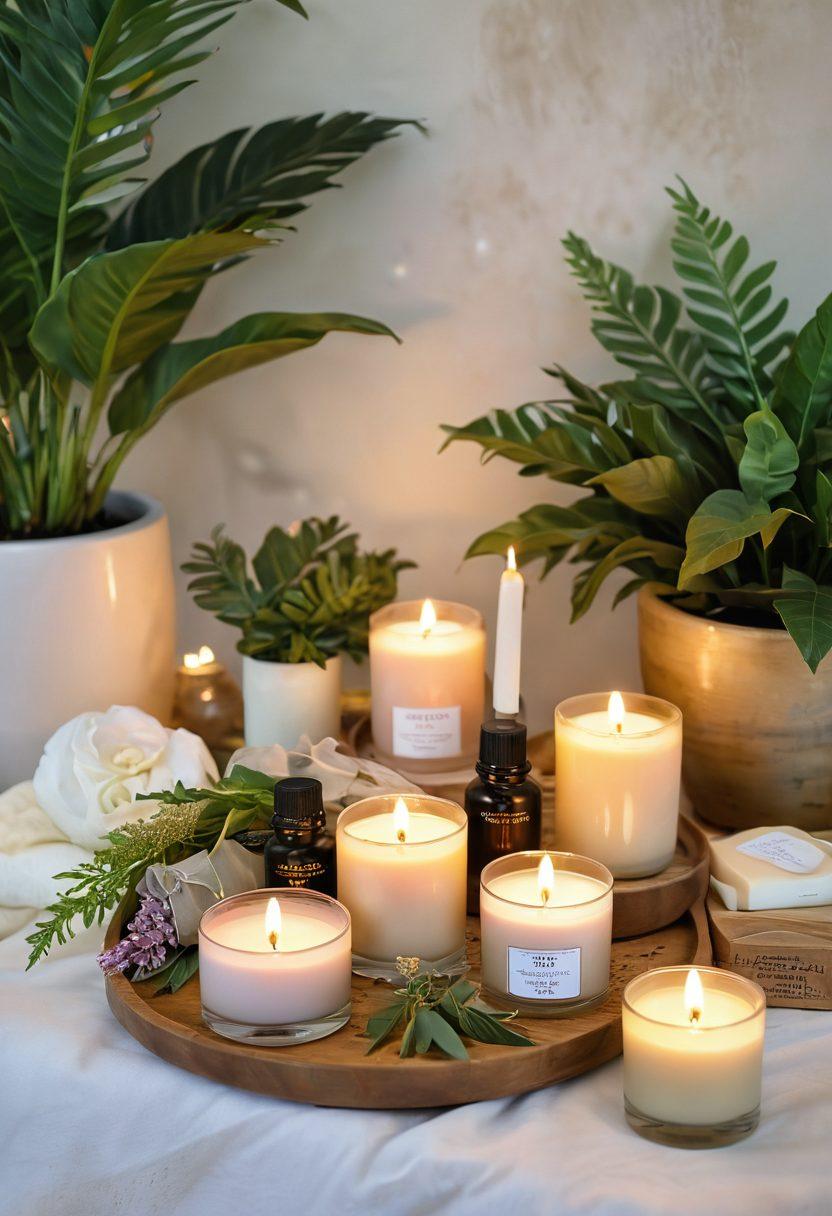 A serene scene showcasing an elegantly arranged selection of beauty products and aromatic candles, with soft, warm lighting illuminating the space. The background features lush greenery and delicate flowers, symbolizing natural wellness. Incorporate subtle mist rising from an essential oil diffuser, creating a calming atmosphere. The products should reflect a range of textures and colors that evoke tranquility and beauty. vibrant colors. painting.